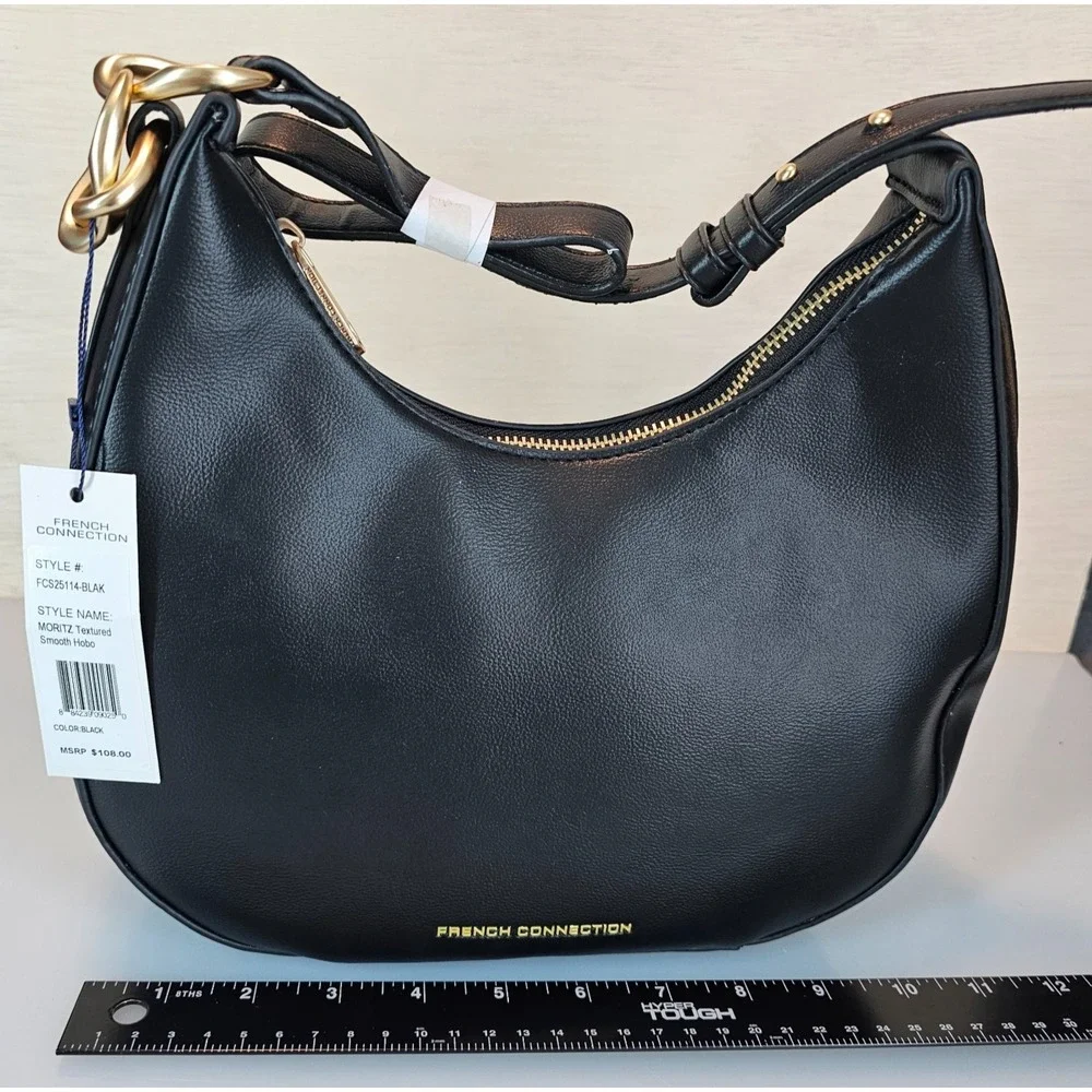 French Connection Moritz Hobo Bag Womens Black Smooth Zip Purse Shoulder